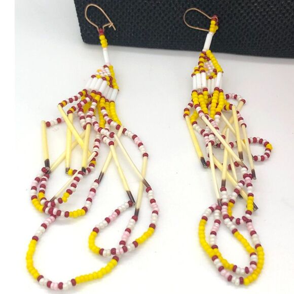 Beaded Drop Earrings Handmade Yellow Red Cream - Picture 2 of 7